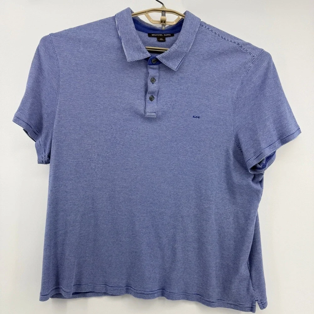 Michael Kors‎ Polo Shirt Mens XXL Blue White Striped Short Sleeve MK Logo Soft